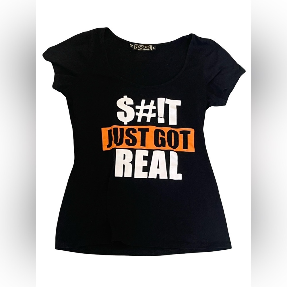 COOGI Women’s Black Tee with Bold White and Orange Print. Size: L. Great Cond.